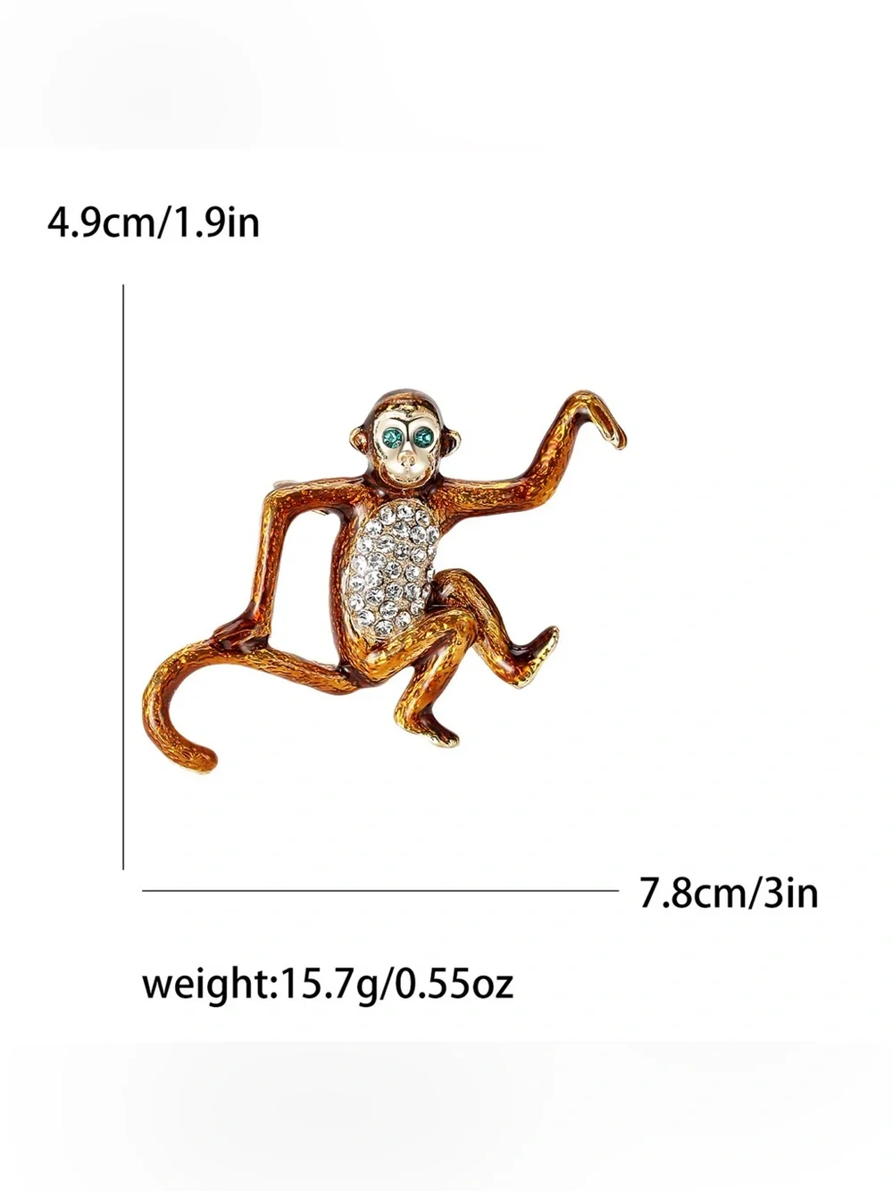 Rhinestone Monkey Brooch Pin Gold Tone Brown Enamel Green Eyes Statement Jewelry